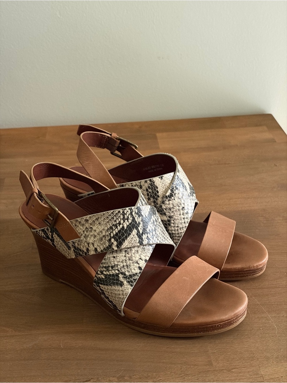 Cole Haan Penelope Tan Leather & Snake Print Cross-Strap Wedge Sandals 7.5B